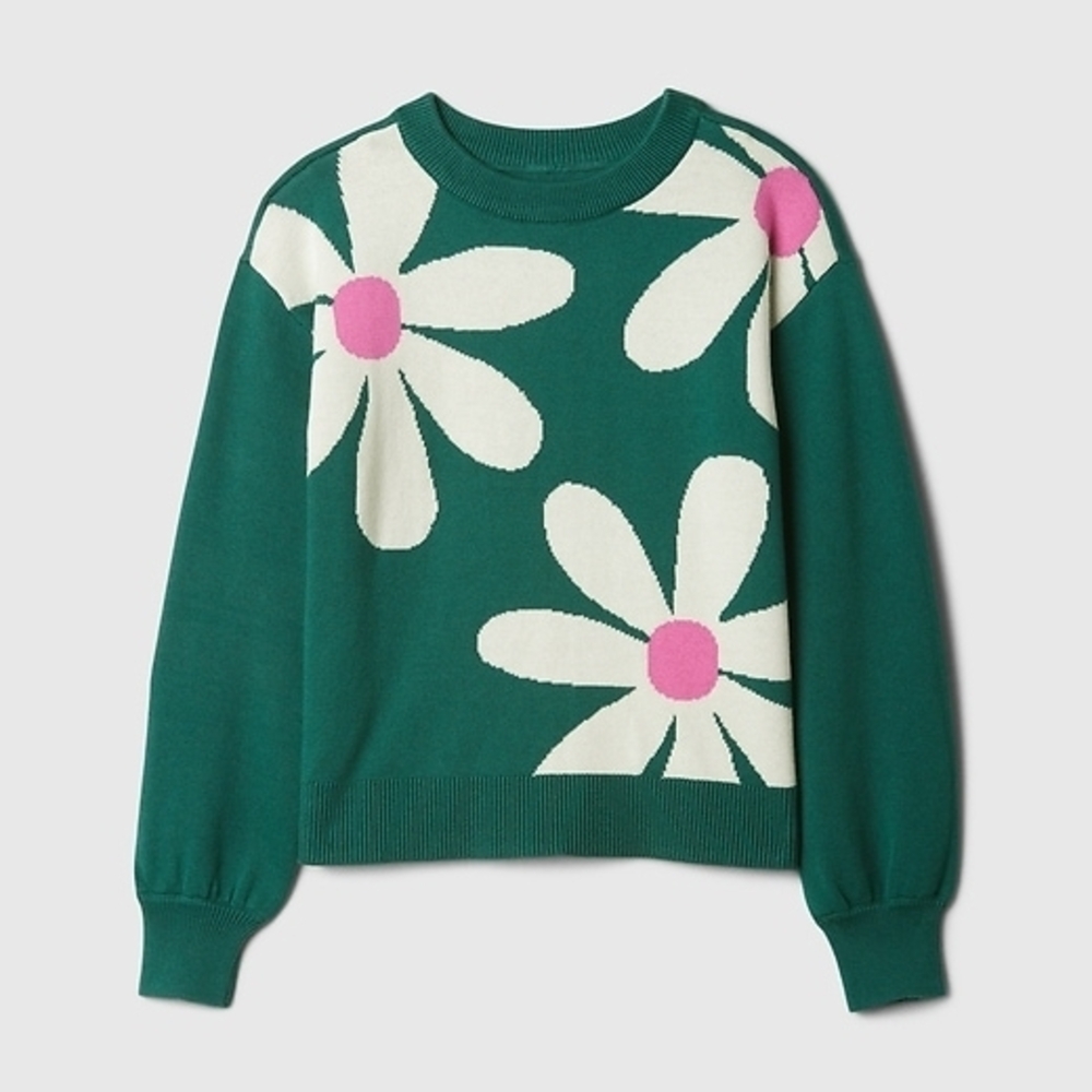 Gap Factory Green Floral Crewneck Sweater with Pink Centers, Size L 10